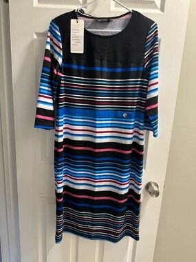 BFDADI Black, Blue, White & Pink Striped Midi Dress